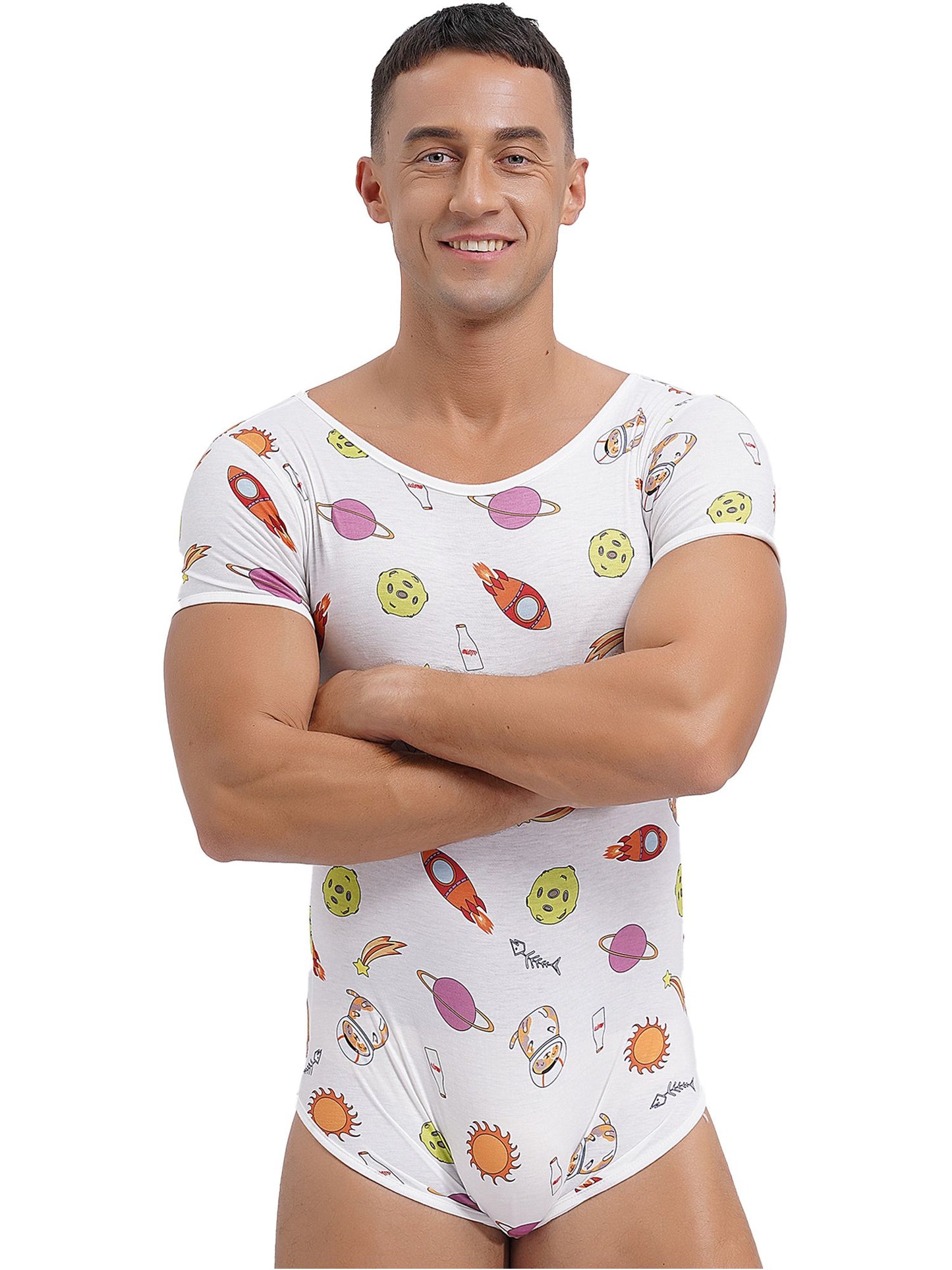 Mens Cute Cartoon Print Bodysuit Sissy Pajamas Short Sleeve Buttoned Crotch Diaper Rompers Gay Male Onesies Sleepwear Loungewear