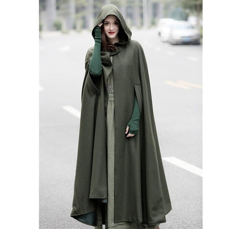 Caped Woolen Overcoat 2025 Europe Five Colors Hooded Shawl Lengthened Cloak Overcoat Woolen Overcoat Woman Windbreaker