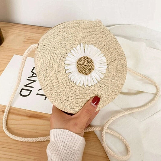 Flower Graphic Circle Straw Bag, Vintage Shoulder Beach Bag, Women's Crossbody Purse Mini Floral Decor Straw Crossbody Bag