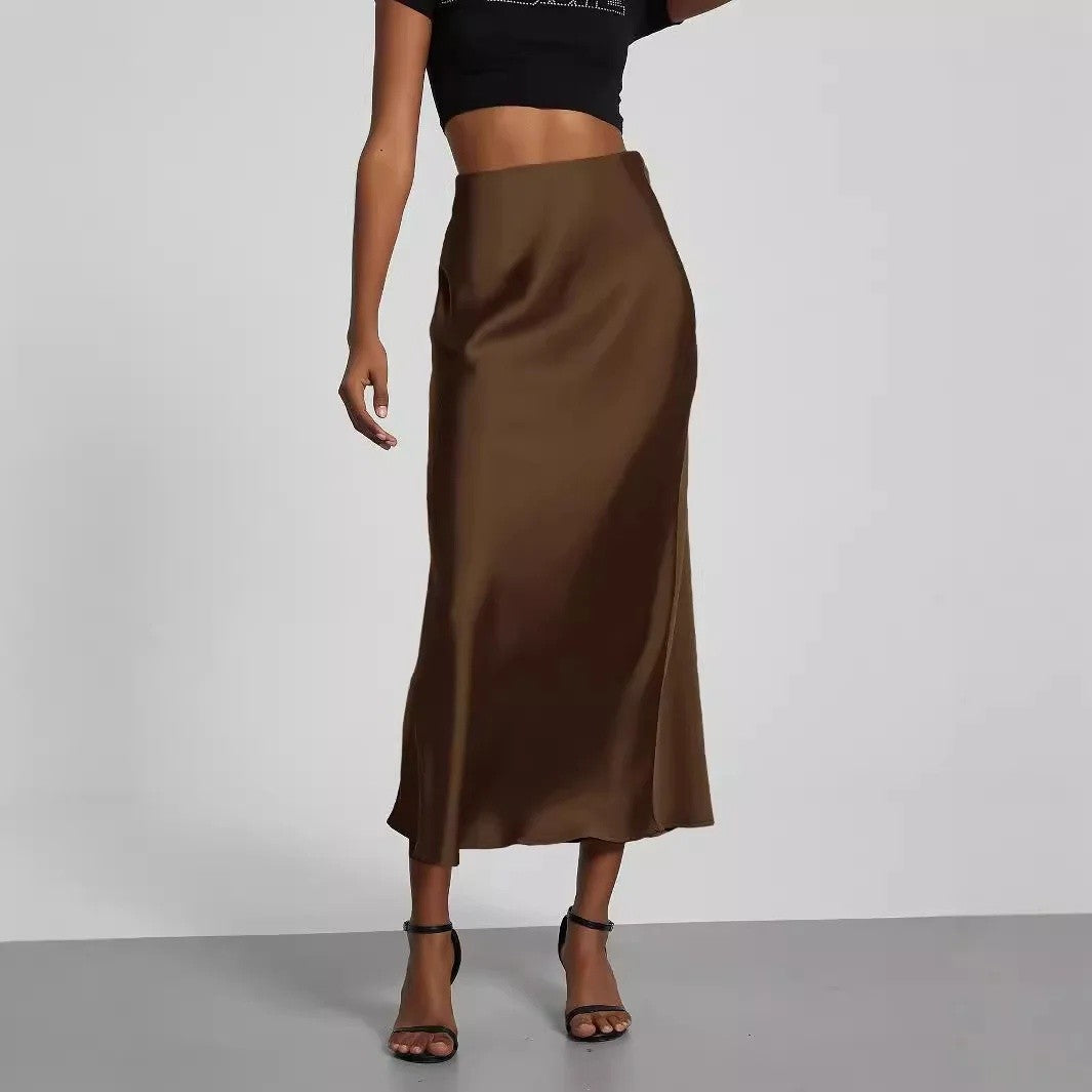 Elegant Fashionable European Style Women's Midi Skirt With Satin Texture Versatile Solid Color Bright Light Sensation Long Dress