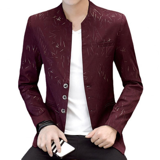 Blazer Masculino Vintage com Gola Alta Bolsos Falsos Botões Estilo Coreano Casual de Negócios para Noivos