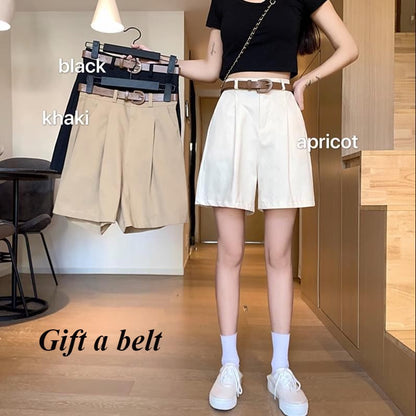 Workwear Shorts for Women High Waist Summer Wide-leg Shorts Belt Khaki Casual Cotton Korean Fashion Solid Pocket Womens Shorts