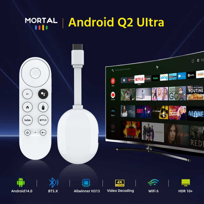 Versão Global Android 14 TV Stick Q2 Ultra 4K HDR Allwinner H313 Controle de Voz BT5.X Chromecast Wifi 6 2G 16G Mini TV Stick para Casa