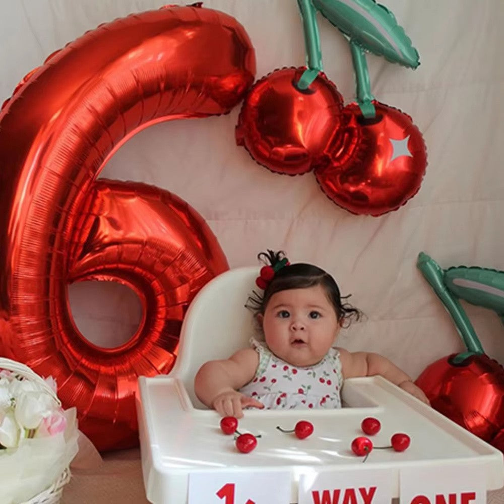 2pcs Cherry Foil Balloons with 32inch Red Number Balloon for Summer Fruit Theme Kids Birthday Baby Shower Party Decoration
