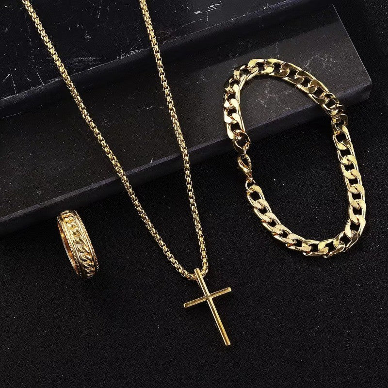 Conjunto 3 Peças Masculino de Aço Inoxidável Colar com Pingente de Cruz, Pulseira e Anel Joias Masculinas Acessórios Hip Hop para Uso Diário