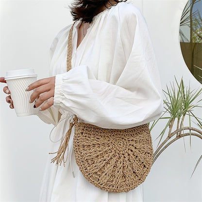 New Half Round Straw Bags for Women Summer Beach Rattan Bag Handmade Woven Half Moon Crossbody Handbags Bohemia