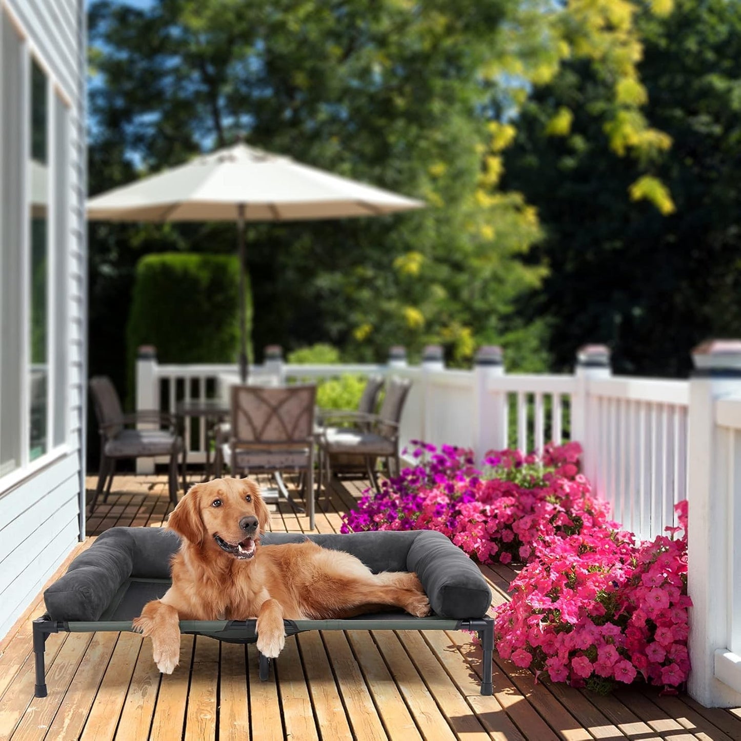 Outdoor Elevated Dog Bed Cooling Raised Pet Lounger Bed Mesh Cot Sleep Camping Bed with Detachable Plush Bolster