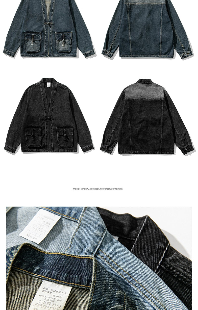 Denim Kimono Jacket Men Fashion Casual Jeans Jackets Coats Male Chinese Style Button Denim Jacket Vintage Hip Hop Loose Outwear