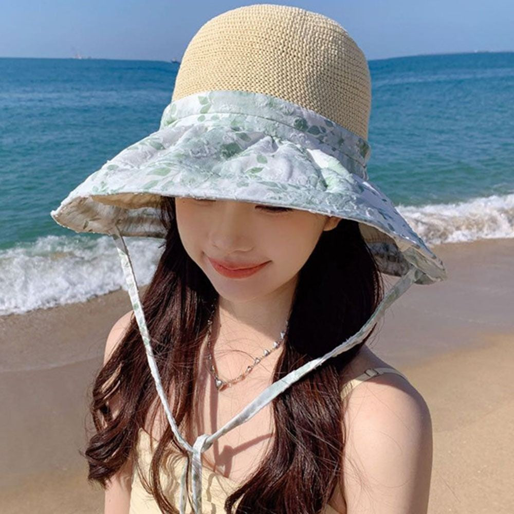 Fashion Flower Print Straw Hat Sun Protection Wide Brim Beach Hat Can Be Used As Bag Breathable Visor Hat Outdoor