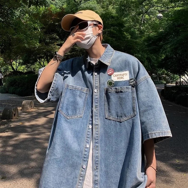 Retro Japanese Style Pocket Badge Denim Short Sleeve Casual Shirt Men's Loose Collar Jacket Trendy Summer Clothing