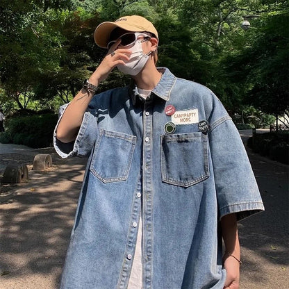 Retro Japanese Style Pocket Badge Denim Short Sleeve Casual Shirt Men's Loose Collar Jacket Trendy Summer Clothing
