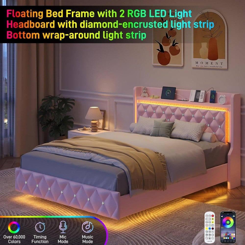 Estrutura de Cama Queen Flutuante com Luz LED, Cama Queen Estofada Plataforma com Estação de Carregamento e Encosto de Asa, Armazenamento Acolchoado com Diamantes