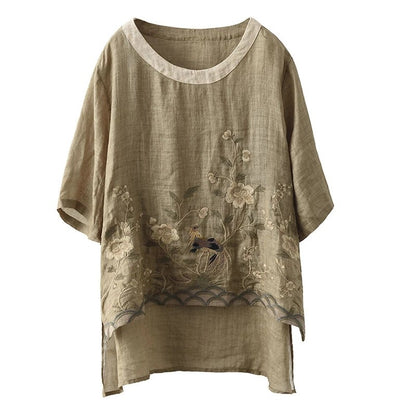 Cotton Linen Embroidered Floral Blouses Women's Chinese Classic Loose Shirt Top Casual Retro O Neck Short Sleeve Summer Shirts
