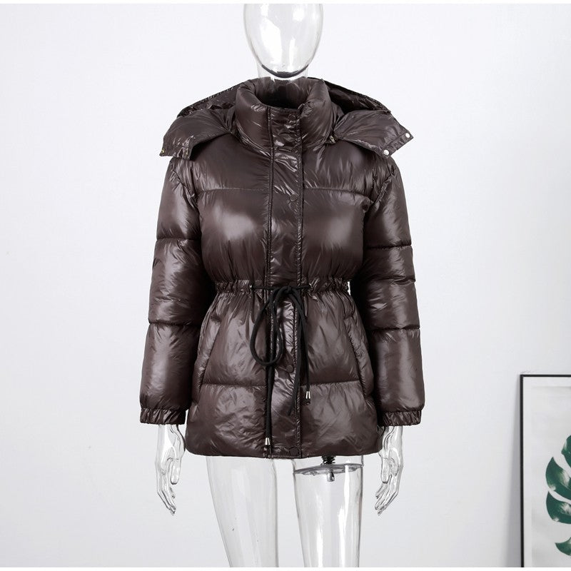 Glossy Shiny Women 's Down Jackets Vintage Hooded Zipper Puffer Full Sleeve Jackets For Woman 2025 Woman Winter Coats Outwears