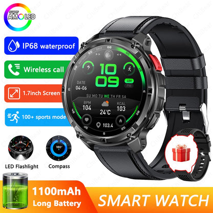 Relógio Inteligente Militar para Homens, Bateria de 1100mAh, Bússola, Monitor de Fitness, Tela AMOLED HD, Chamada BT, Smartwatch para Android IOS