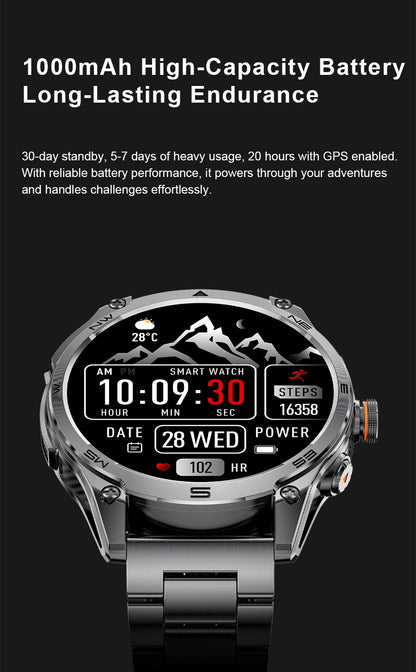 Novo Smartwatch Militar Bateria de 1000mAh Rastreamento GPS Bússola 10ATM À Prova D'água Tático Esportivo Lanterna Chamada BT Smartwatch Para Homens