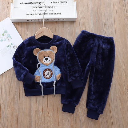 New Autumn Winter Baby Clothes Pajamas Sets Girls Pajamas Children Warm Flannel Fleece Catoon Bear Kids Sleepwear Home Suit 0-6Y