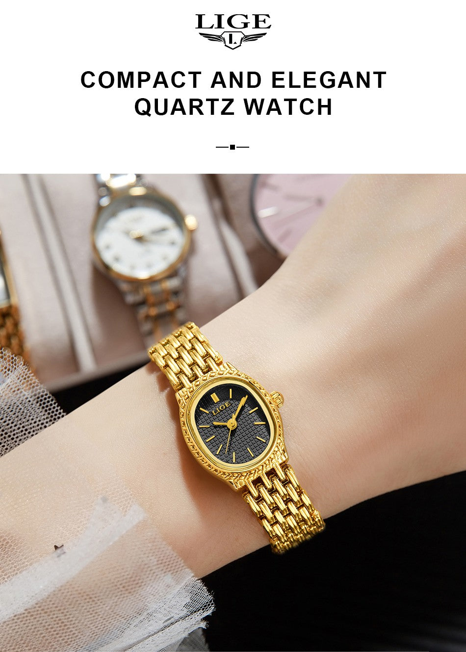 LIGE Golden Women Wristwatch Small Dial Ladies Gold Watch Bracelet Jewelry Quartz Lady Watch Compact Stylish Luxury Women Watch