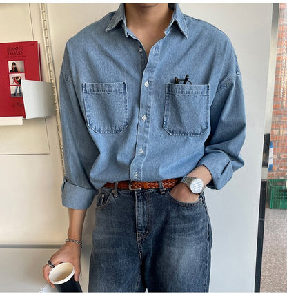 Spring Clothing Men's Denim Long-sleeved Pocket Shirt Casual Korean Turn down Button Streetwear Light Luxury Stylish 2025 New