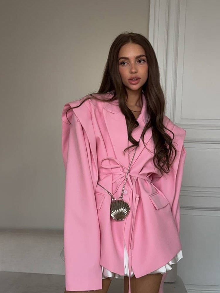 Lace Up Shoulder Pad Blazer Coat Women Elegant Turn-down Collar Long Sleeve Pockets Slim Fit Coats Chic Ladies Commute Outerwear