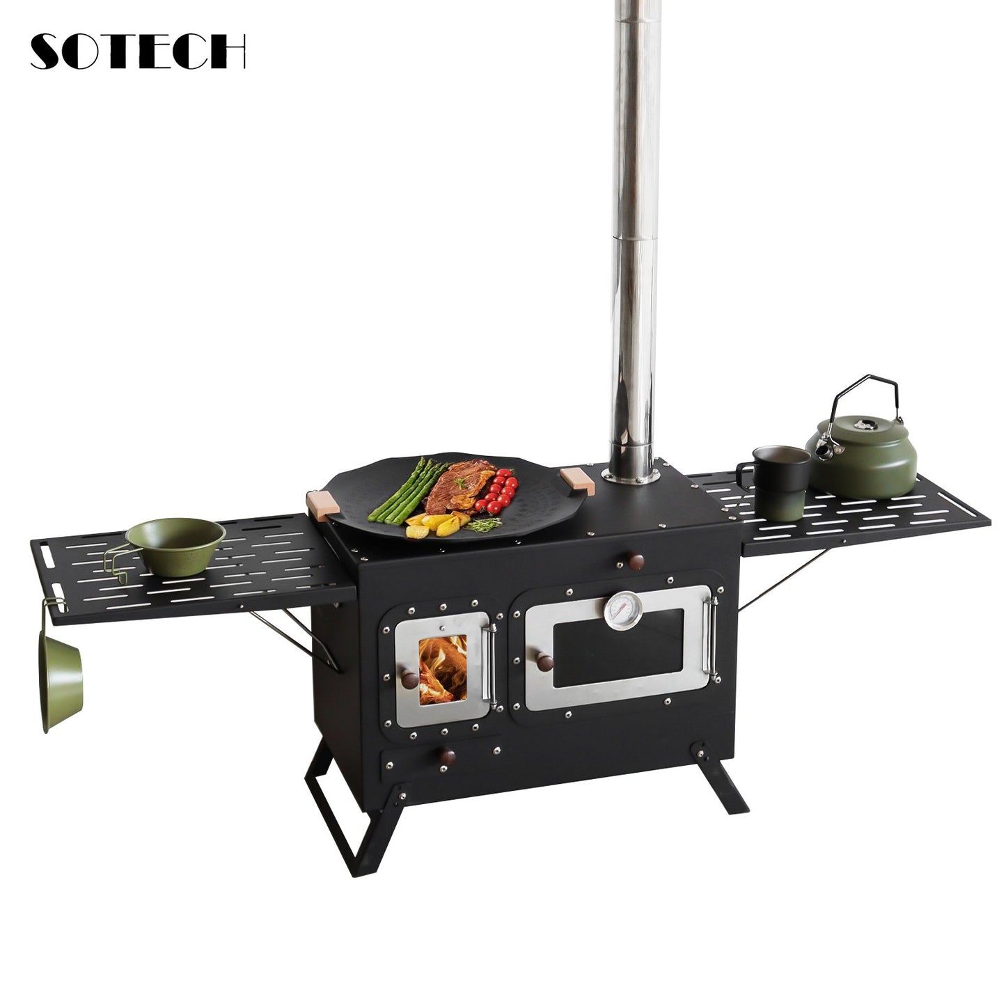 Fogão Multifuncional a Lenha para Acampamento Queimador Externo Portátil com Forno Barraca Fogão Caminhada Piquenique Churrasco Assar Aquecimento Pizza