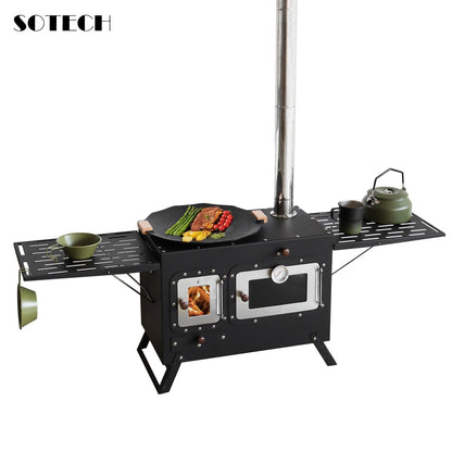 Fogão Multifuncional a Lenha para Acampamento Queimador Externo Portátil com Forno Barraca Fogão Caminhada Piquenique Churrasco Assar Aquecimento Pizza