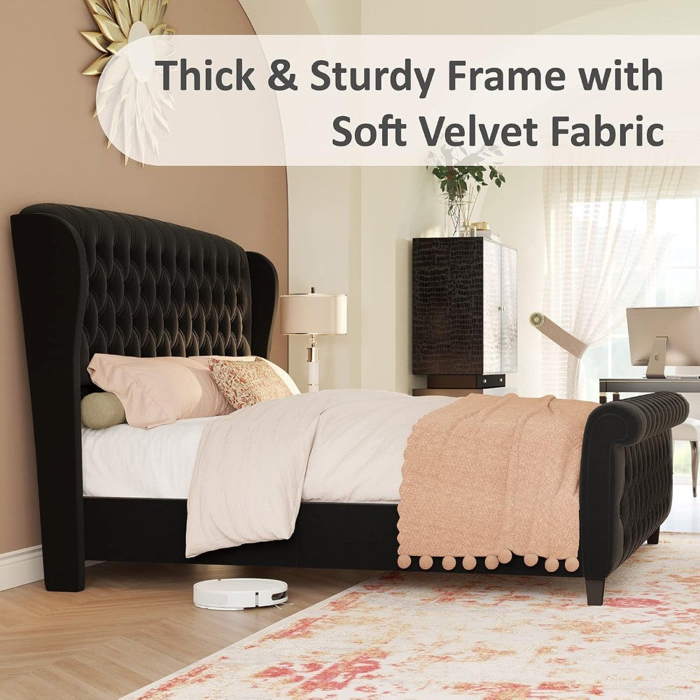 California King Velvet Sleigh Bed Frame with Curved Headboard, Footboard, and Deep Button Tufting