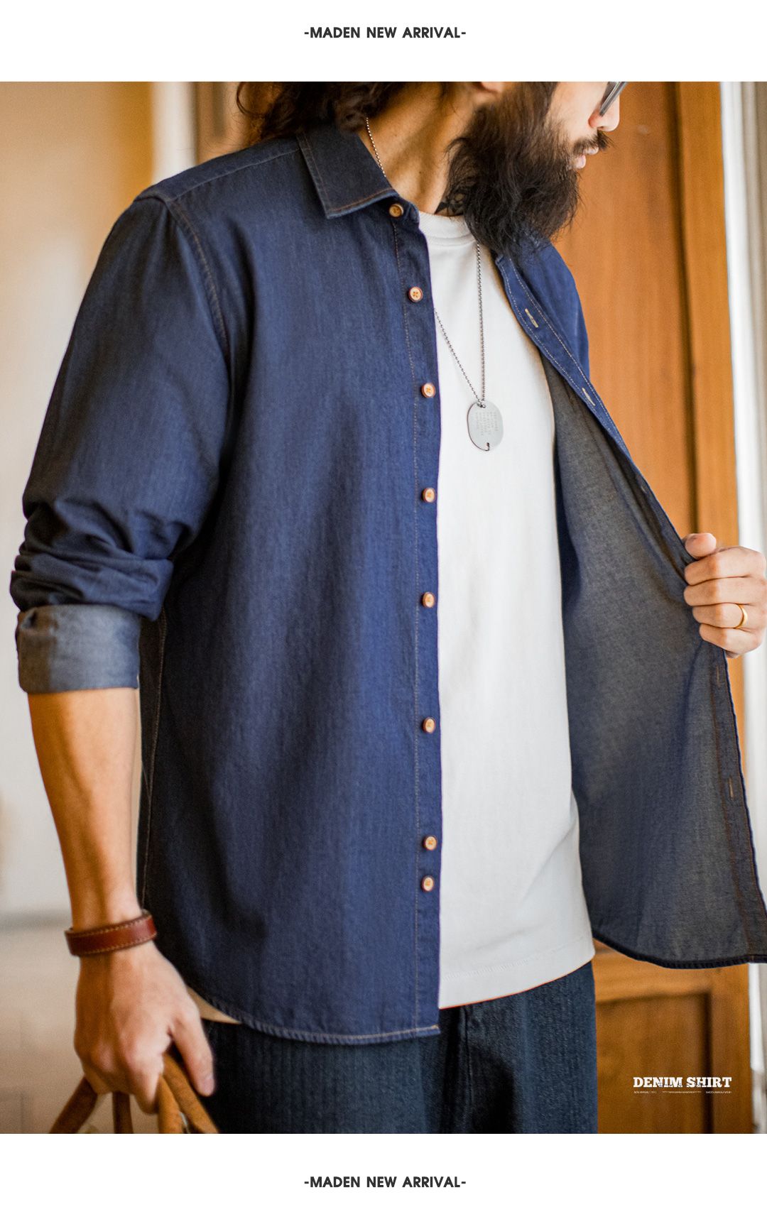 Maden Men Vintage Single Pocket Workwear Denim Shirt Long Sleeved Slim Fit Casual Shirt Single Breasted Turn-Down Collar Blouse