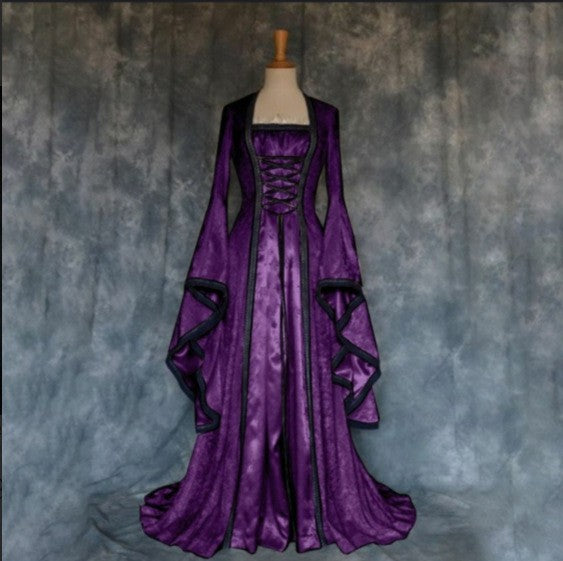 Halloween Cosplay Women Vintage Gothic Medieval Court Dress Flared Long Sleeve Floor Length Gown For Theme Stage Cosplay Show