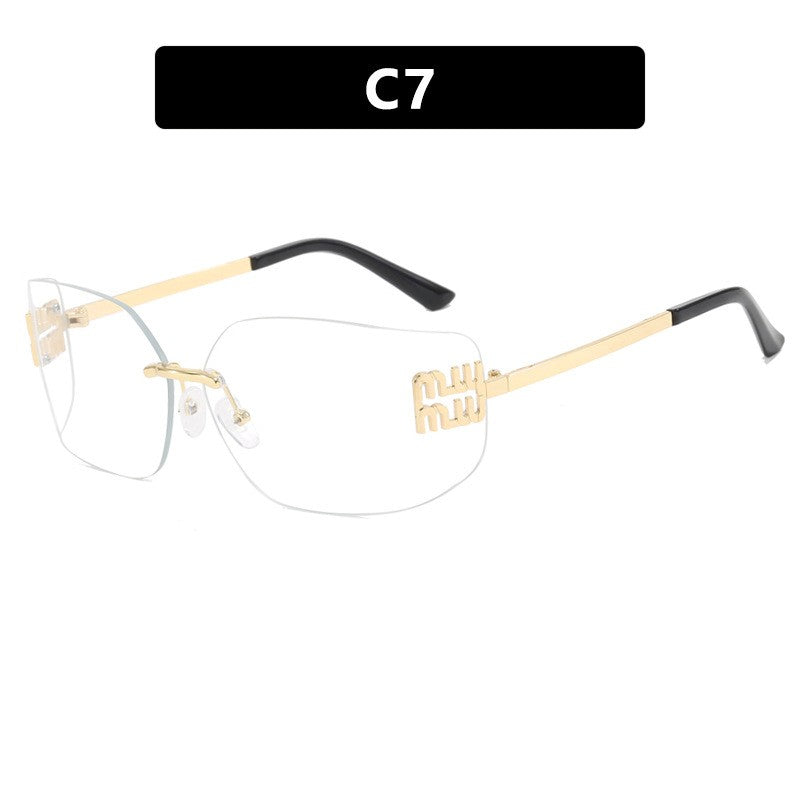 1pc Classic Sun Glasses Female Funky Metal Luxury Rimless Sunglasses Women BrandDesigner Rivets Rectangle Gradient Curved Shades
