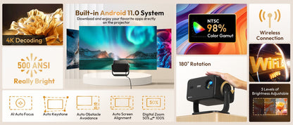 XGODY 4K Native 1080P WiFi6 Android Projector 18000lumen Voice Control AI Auto Focus HD Home Theater Cinema