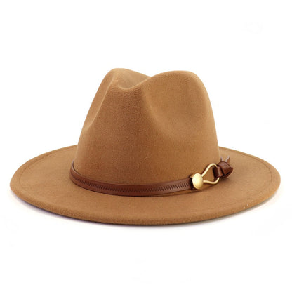 New Brown Belt Buckle Jazz Fedora Hat Autumn Winter Women Men Party Church Top Hat Wide Brim Sun Hat Felt Panama Cap