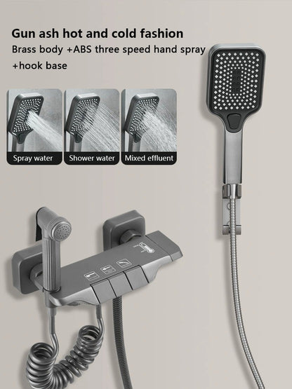 Chuveiro Moderno Completo Cinza 2 Saídas Teclas de Piano Conjunto de Chuveiro de Banheiro Montado na Parede de Latão Torneira de Chuveiro com Display Digital para Banheira