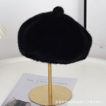 Sweet Faux Rabbit Fur Beret Hat Women Autumn Winter Thicken Keep Warm Furry Flush Artist Flat Cap Solid Color Painter Hats