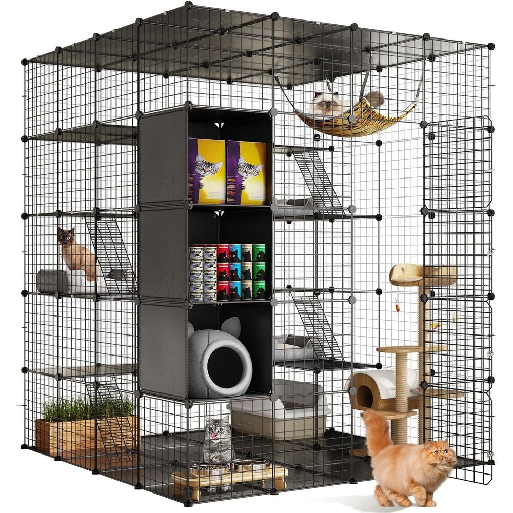 Gaiola Grande Interna com Armazenamento Cubo DIY Gatis Externos Cercados Metálicos com Rede Plataformas para 1-4 Gatos 5 Níveis