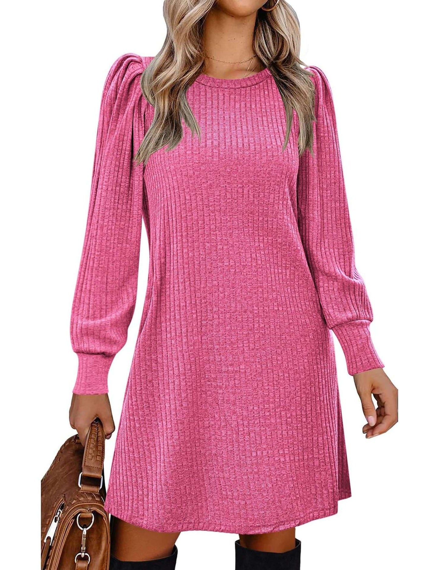Y2K autumn and winter women's crew neck solid color sweater bubble sleeve fashion commuter dress comfortable casual loose dress