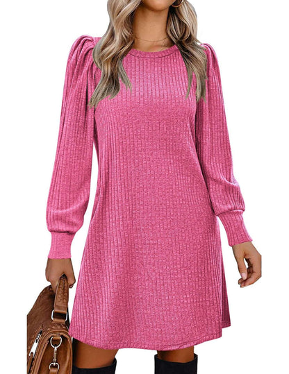 Y2K autumn and winter women's crew neck solid color sweater bubble sleeve fashion commuter dress comfortable casual loose dress