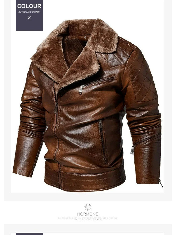 Fashion Warm Winter Mens PU Leather Jacket With Fur Collar Thicken Fleece Motorcycle Coat Casual Faux Leather Locomotive Jacket