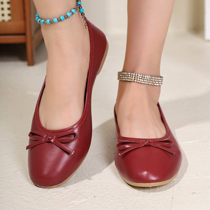 Women's Elegant Red Ballet Flats Spring Summer New Versatile Low Top Comfort Soft Lightweight Bow Detail Slip On Work Shoes