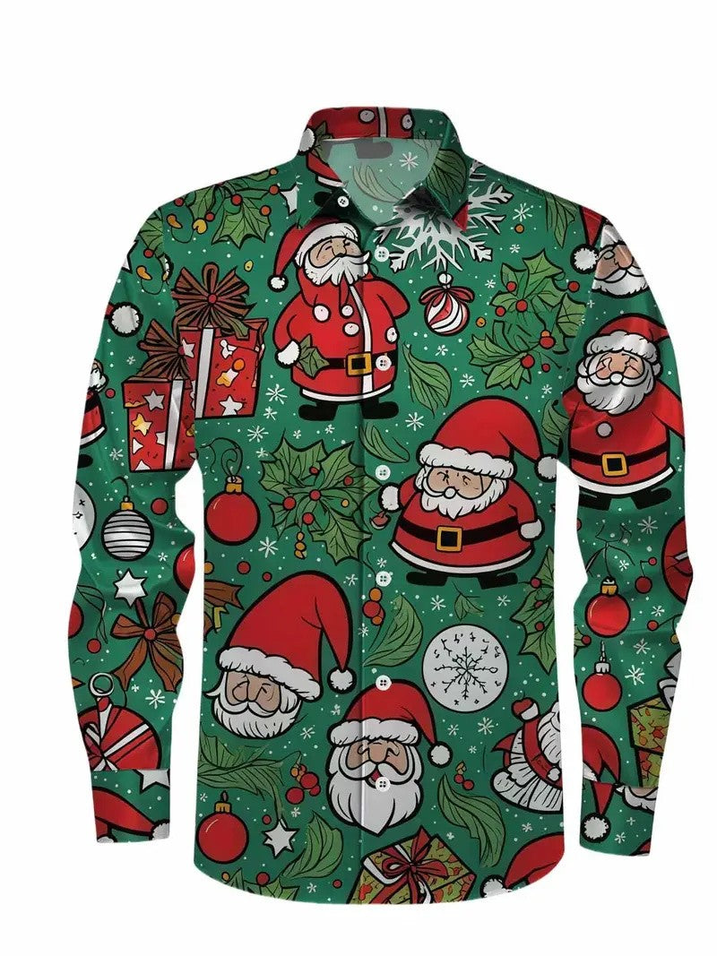 Christmas themed men's 3D hat printed formal shirt, Christmas pattern long sleeved shirt, fashionable men's shirt