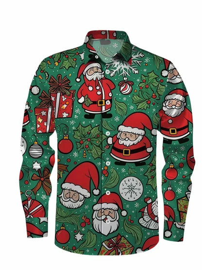 Christmas themed men's 3D hat printed formal shirt, Christmas pattern long sleeved shirt, fashionable men's shirt
