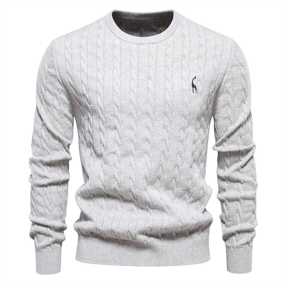 AIOPESON Mens Giraffe Embroidery Cotton Sweaters Round Neck Classic Twist Patterned Pullover Knitted Sweater for Men