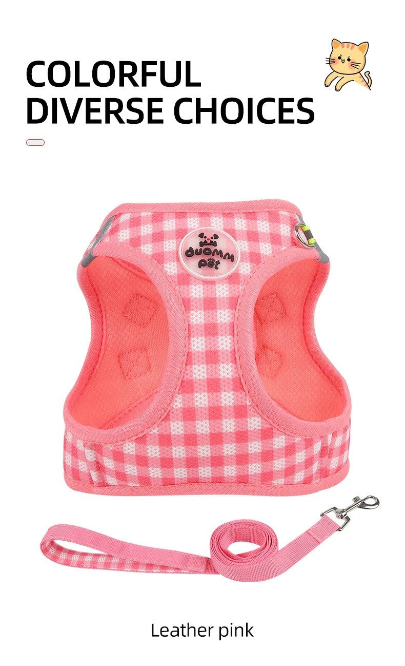 Colete Peitoral para Gatos com Estampa Xadrez, Coleira Atraente para Gatinhos, Coleira Anti-perda para Filhotes, Respirável para Exteriores, Ajustável e Refletora