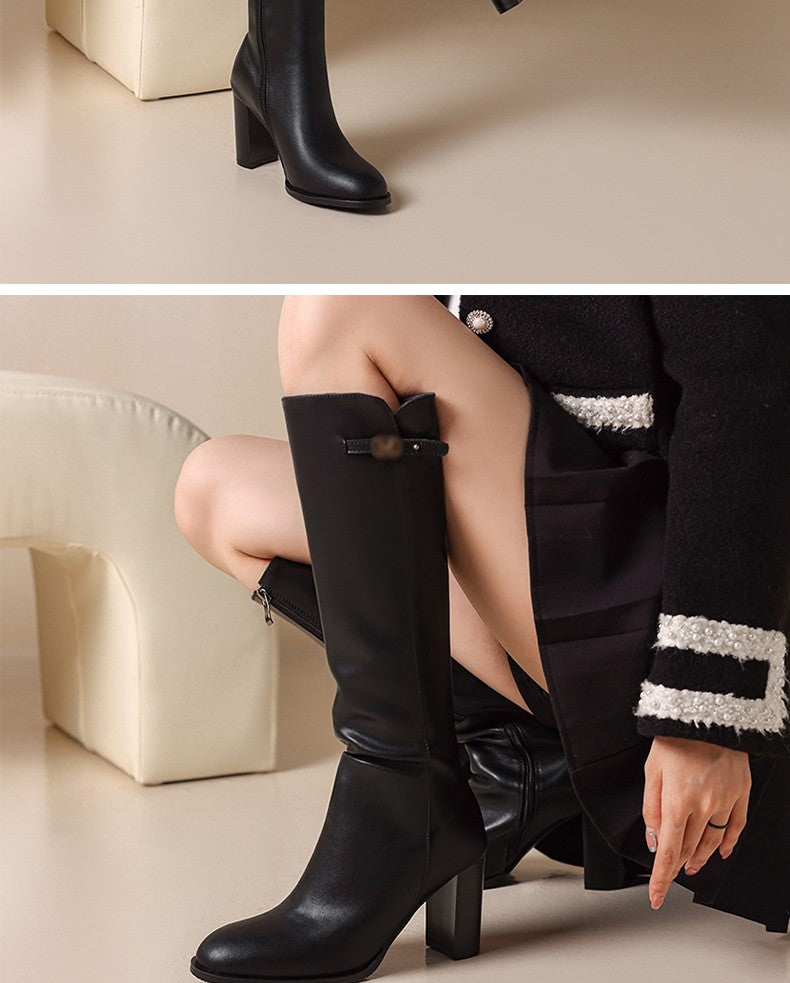 Ods Soft Cow Leather Black Knee High Boots Chunky Mid Heels Zipper Women's Long Boot Big Size Luxury Designer Sexy Shoes 4143 46