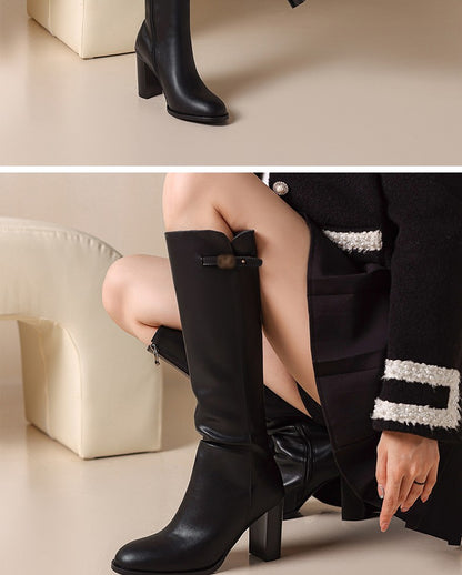 Ods Soft Cow Leather Black Knee High Boots Chunky Mid Heels Zipper Women's Long Boot Big Size Luxury Designer Sexy Shoes 4143 46