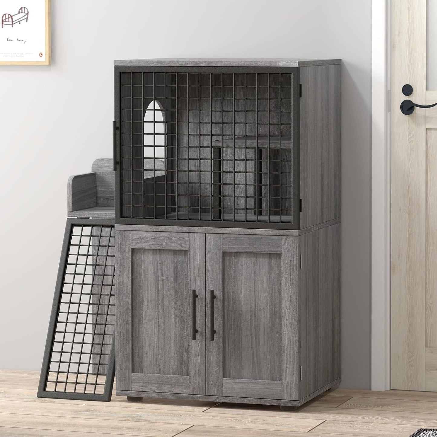 Caixa de Areia para Gatos Oculta com Plataforma, Móvel para Gatos de Camada Dupla, Móvel para Banheiro de Gatos, Casinha de Gatos com Escada
