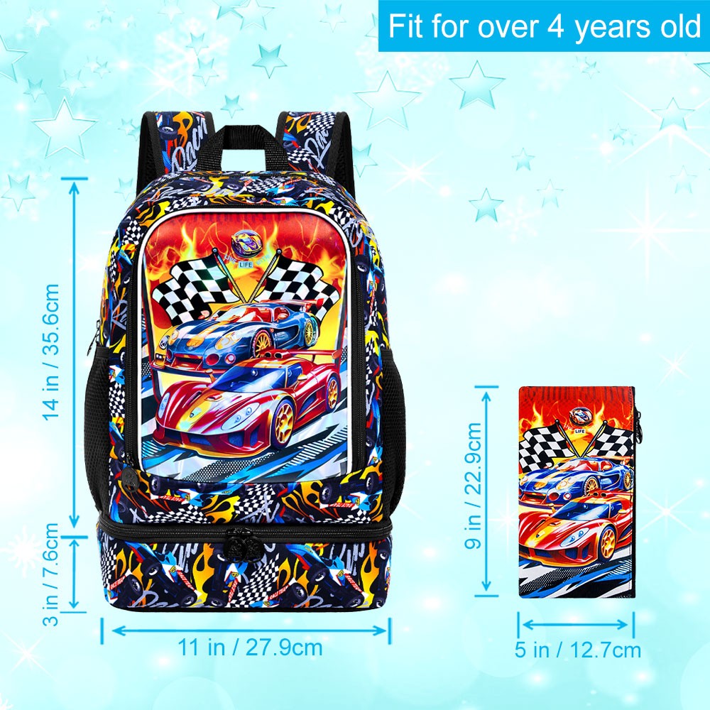 Mochila 2 em 1 de Carro de Corrida para Meninos, Mochila Escolar Infantil de 17 polegadas com Lancheira Térmica, Mochilas Escolares para Ensino Fundamental e Pré-escola