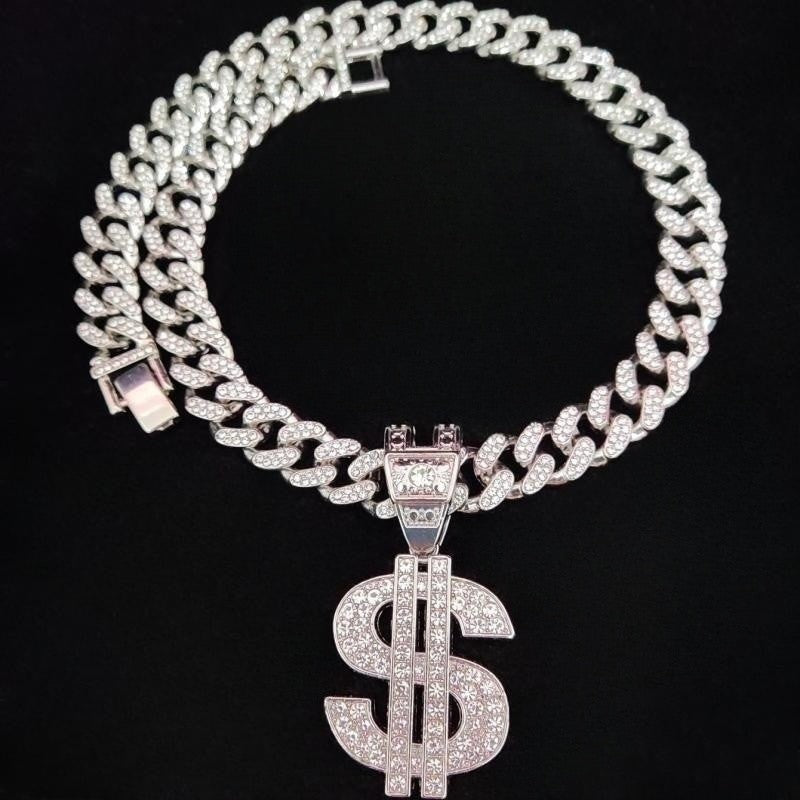 Colar com pingente de dólar hip-hop para homens e mulheres com corrente cubana de 13 mm, pingentes hip-hop cravejados, colares de joias modernas punk, presentes