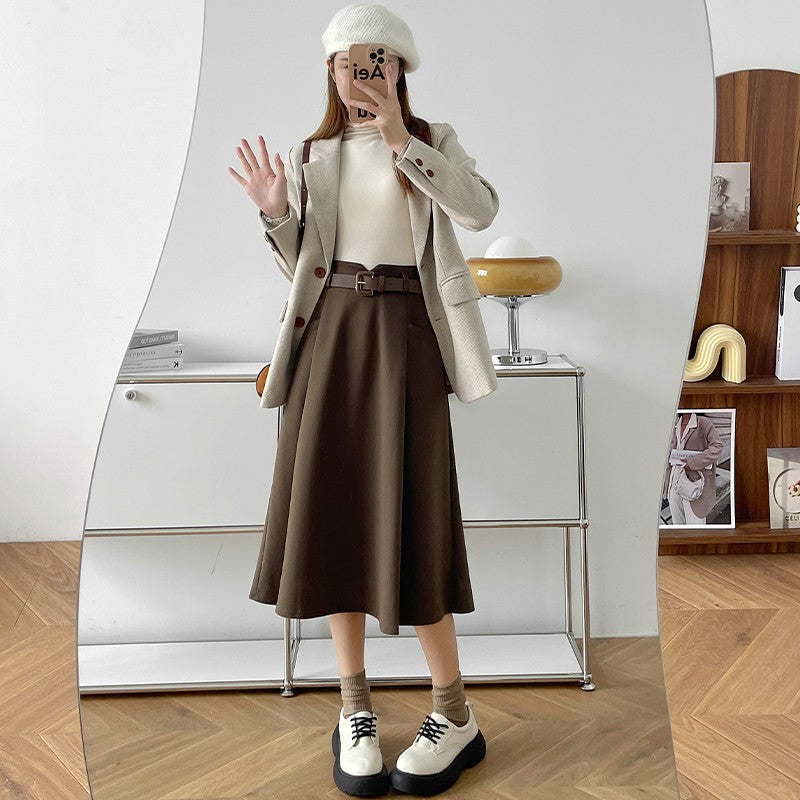 Plus Size Woolen Skirt Women 2024 Autumn Winter New Arrivals High Waist A Line Skirt With Belt Korean Fashon Skirts Womens
