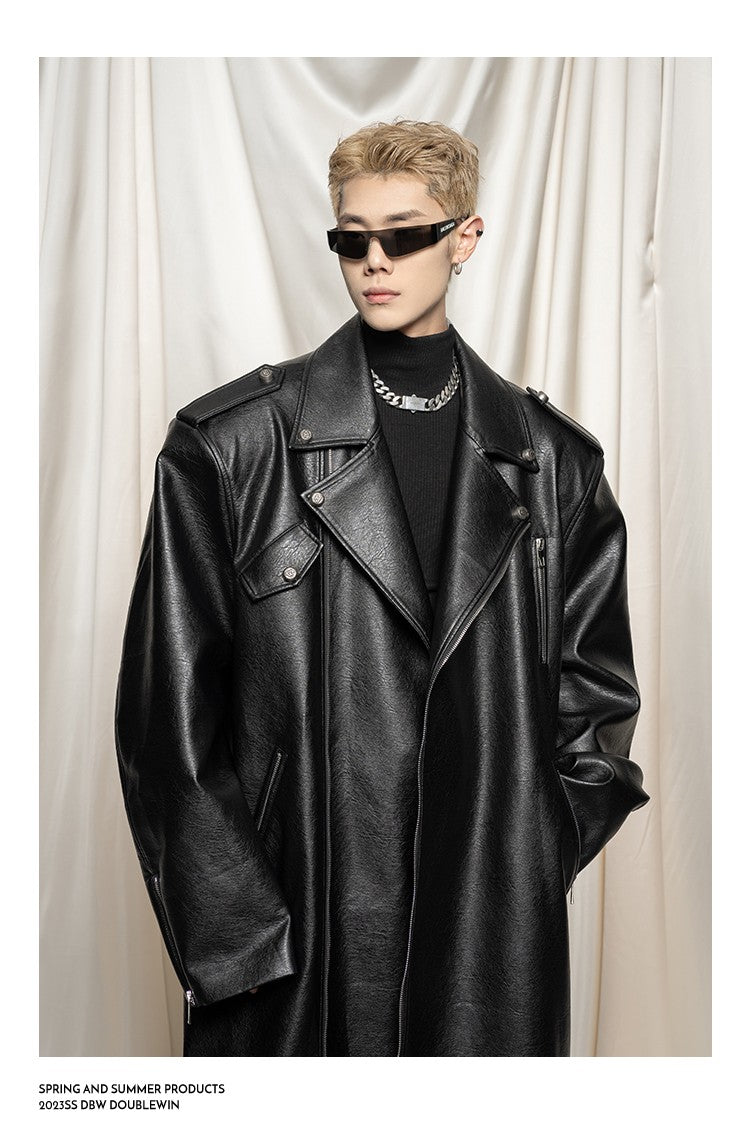 Mauroicardi Spring Autumn Oversized Cool Extra Long Black Pu Leather Trench Coat Men Zipper Loose Luxury European Fashion 2023